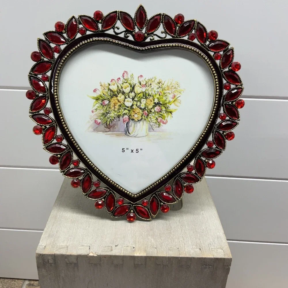 Heart Shaped Picture Frame Red Rhinestone Jeweled Ornate Bronze Tone 5x5 Photo